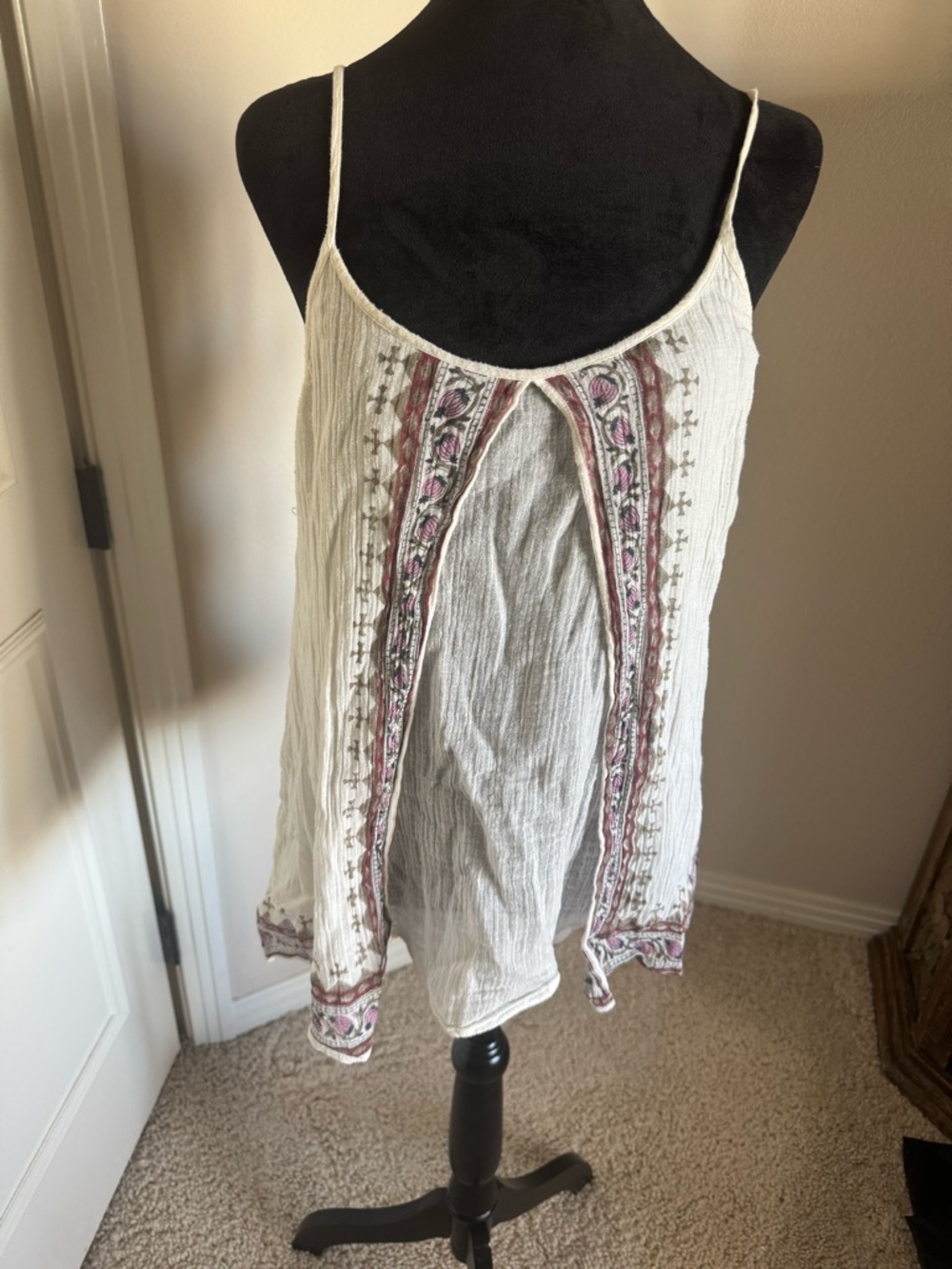 Mes Demoiselles Cream Spaghetti Strap Tank Top with Pink Accents Gauze Size L